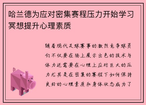 哈兰德为应对密集赛程压力开始学习冥想提升心理素质 哈兰德为应对密集赛程压力开始学习冥想提升心理素质