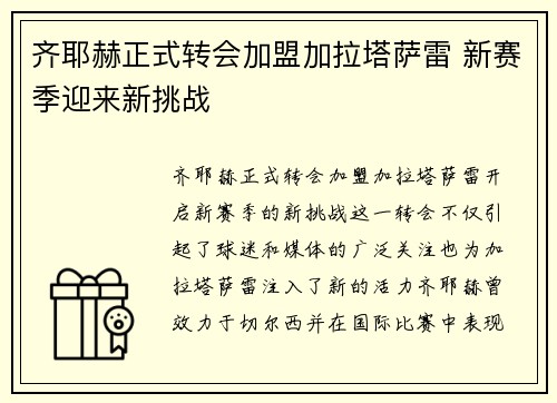 齐耶赫正式转会加盟加拉塔萨雷 新赛季迎来新挑战